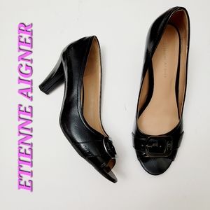 Etienne Aigner open toe pump in black glossy Patent